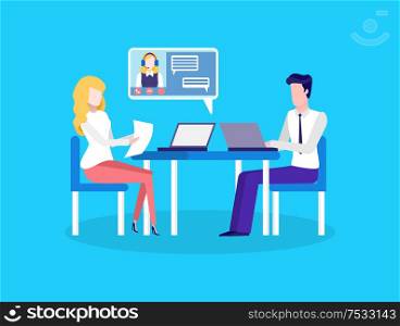 Conference meeting of business partners working together. People sitting on table looking at profile in laptop screen. Monitor giving information data. Conference Meeting of Business Partners Working