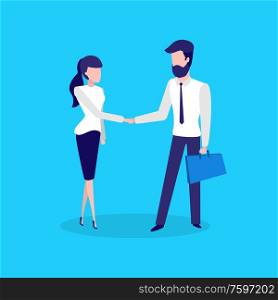 Conference meeting of man and woman, business deal vector. Team working together, partnership of businessman with briefcase and businesswoman in suit. Conference Meeting of Man and Woman Business Deal