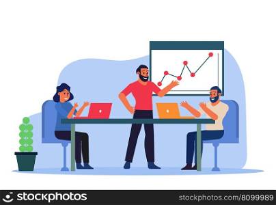 Conference of business partners in business in the office at the table. A man makes a presentation to a woman and a man. Meeting of employees at business planning meetings. Vector illustration