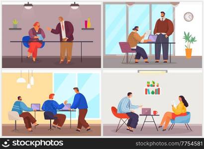 Conference of businesspeople, collection of illustrations with office workers talking, discussing project, plan, using laptops, colleagues, partnership, reading document, analysing work problems. Conference of businesspeople, collection of illustrations with office workers talking, discussing