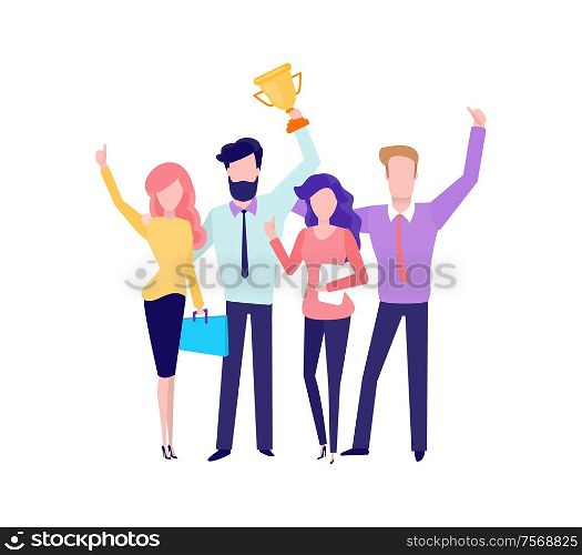 Conference of people, successful teamwork results vector. Workers holding gold trophy, victory of team, woman with reports, winner celebration success. Conference of People, Successful Teamwork Results