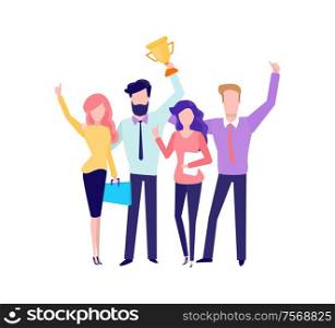 Conference of people, successful teamwork results vector. Workers holding gold trophy, victory of team, woman with reports, winner celebration success. Conference of People, Successful Teamwork Results
