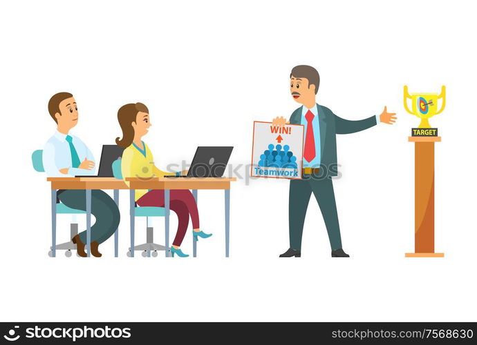 Conference of workers sitting by laptops and male boss vector. Seminar businessman showing strategy and aim, business target and trophy on pedestal. Conference. Workers, Laptops and Male Boss, Target