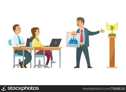 Conference of workers sitting by laptops and male boss vector. Seminar businessman showing strategy and aim, business target and trophy on pedestal. Conference. Workers, Laptops and Male Boss, Target
