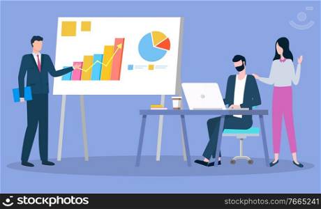 Conference or meeting, business strategy, office workers, graphic or chart vector. Men and woman, financial statistics and analytical data, employees. Teamwork or cooperation presentation illustration. Business Meeting or Conference, Office Workers