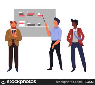 Conference or meeting business strategy office workers graphic or chart vector men boss and employee with pointer financial statistics and analytical data coworkers teamwork or cooperation businessman.. Business meeting or conference office workers graphic or chart