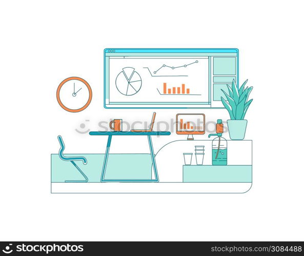Conference room flat color vector scene. Presentation charts. Financial diagrams. Work on corporate project. Cabinet space isolated cartoon illustration for web graphic design and animation. Conference room flat color vector scene