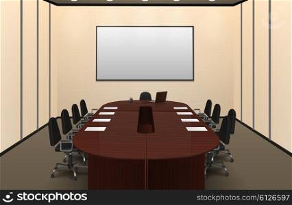 Conference Room Interior Illustration . Conference room interior with big table and screen realistic vector illustration