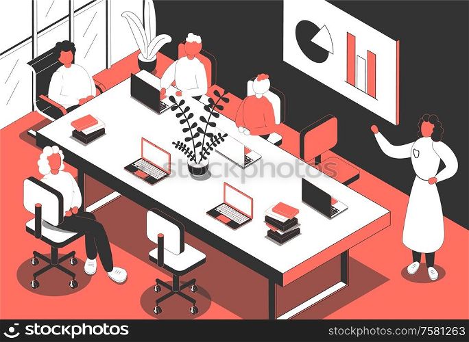 Conference room isometric composition with human characters of office workers at meeting with laptops and furniture vector illustration