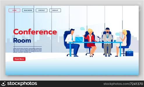 Conference room landing page vector template. Corporate communication website interface idea with flat illustrations. Coworking homepage layout. Business seminar, webinar web banner cartoon concept