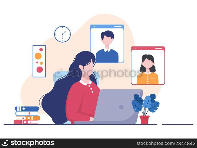 Conference Video Call by Remote Communication with Online Friends using a Smartphone or Computer via a Webcam for Working From Home in Flat Style Cartoon Illustration