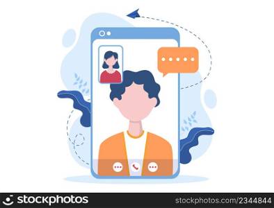 Conference Video Call by Remote Communication with Online Friends using a Smartphone or Computer via a Webcam for Working From Home in Flat Style Cartoon Illustration