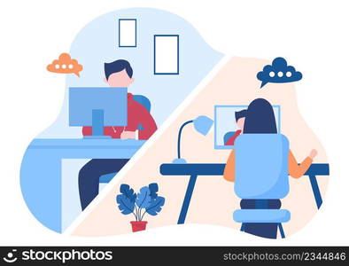 Conference Video Call by Remote Communication with Online Friends using a Smartphone or Computer via a Webcam for Working From Home in Flat Style Cartoon Illustration