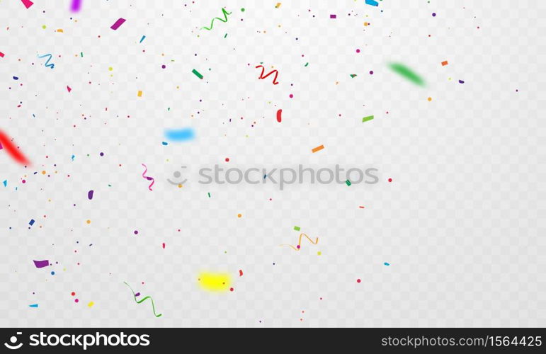 confetti and colorful ribbons. Celebration background template with