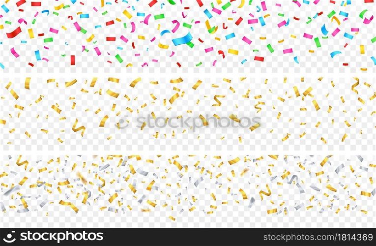 Confetti banner. Gold silver colorful falling particles on transparent. Festive celebration, birthday christmas anniversary decorations vector. Decoration confetti to birthday and holiday event. Confetti banner. Gold silver colorful falling particles on transparent background. Festive celebration, birthday christmas anniversary decorations vector kit