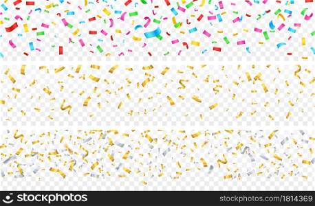 Confetti banner. Gold silver colorful falling particles on transparent. Festive celebration, birthday christmas anniversary decorations vector. Decoration confetti to birthday and holiday event. Confetti banner. Gold silver colorful falling particles on transparent background. Festive celebration, birthday christmas anniversary decorations vector kit
