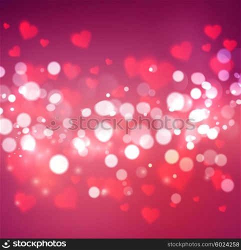 confetti falling from red hearts. Vector confetti falling from blurred hearts and bokeh. Love concept card background for Valentines day