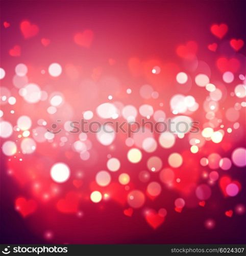 confetti falling from red hearts. Vector confetti falling from blurred hearts and bokeh. Love concept card background for Valentines day