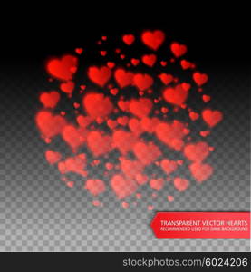 confetti falling from red hearts. Vector confetti falling from red hearts on the transparent background. Love concept card background for Valentine&rsquo;s day