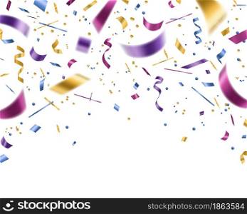 Confetti falling multicolor. Foil and paper ribbons, isolated template for festive christmas and birthday background, xmas party decor, poster and greeting cards frame. Vector realistic illustration. Confetti falling multicolor. Foil and paper ribbons, isolated template for festive christmas and birthday background, xmas party decor, poster and cards frame. Vector realistic illustration