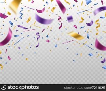 Confetti. Falling multicolored foil and paper ribbons, isolated vector template for festive christmas background and xmas greeting festival colorful streamers card. Confetti. Falling multicolored foil and paper ribbons, isolated vector template for festive christmas background and xmas greeting card