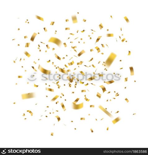 Confetti golden. Gold tinsel explosion foil and ribbons, realistic yellow glitter serpentine. Carnival and grand opening background, christmas and birthday party decor, vector isolated illustration. Confetti golden. Gold tinsel explosion foil and ribbons, realistic yellow glitter serpentine. Carnival and grand opening background, christmas and birthday party decor vector illustration