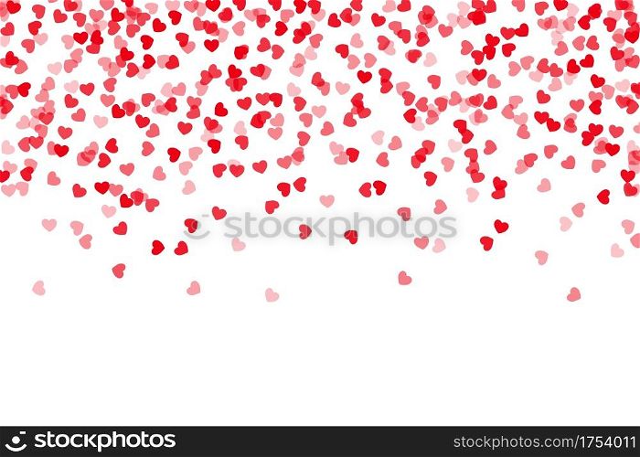Confetti hearts falling. Romantic wedding or Valentine s day celebration background mockup. Red and pink pieces of paper randomly flying down. Vector festive frame or decorative greeting card template. Confetti hearts falling. Romantic wedding or Valentine s day celebration background. Red and pink papers randomly flying down. Vector festive frame or decorative greeting card template