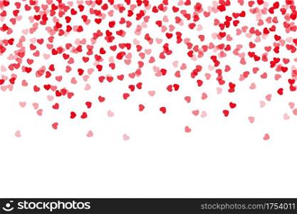 Confetti hearts falling. Romantic wedding or Valentine s day celebration background mockup. Red and pink pieces of paper randomly flying down. Vector festive frame or decorative greeting card template. Confetti hearts falling. Romantic wedding or Valentine s day celebration background. Red and pink papers randomly flying down. Vector festive frame or decorative greeting card template