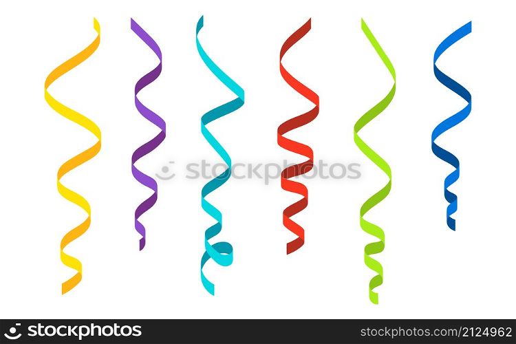 Confetti ribbon. Confetti streamer. Serpentine for party, carnival, decoration and celebrate. Congratulations to birthday, christmas, wedding and carnaval. Flat fun popper. Vector.