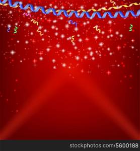 Confetti, ribbons and streamers on a festive red background.Vector illustrations