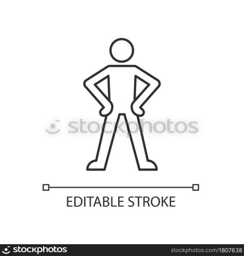 Confidence body language linear icon. Standing in confident posture. Expressing assertiveness. Thin line customizable illustration. Contour symbol. Vector isolated outline drawing. Editable stroke. Confidence body language linear icon