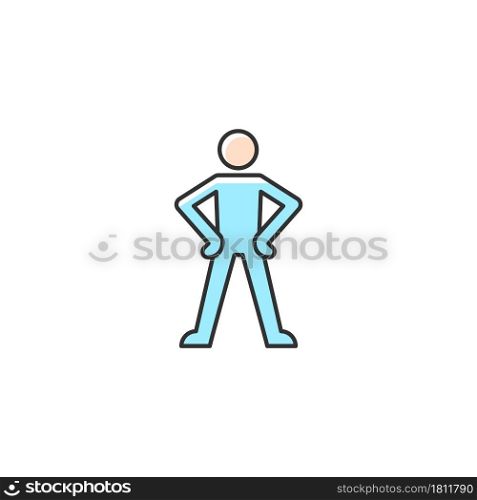 Confidence body language RGB color icon. Standing in confident posture. Aligning shoulders. Expressing assertiveness. Keeping hands visible. Isolated vector illustration. Simple filled line drawing. Confidence body language RGB color icon
