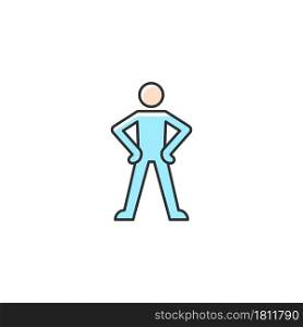 Confidence body language RGB color icon. Standing in confident posture. Aligning shoulders. Expressing assertiveness. Keeping hands visible. Isolated vector illustration. Simple filled line drawing. Confidence body language RGB color icon