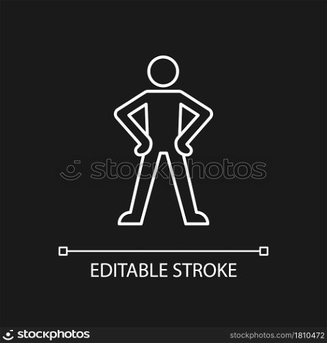 Confidence body language white linear icon for dark theme. Standing in confident posture. Thin line customizable illustration. Isolated vector contour symbol for night mode. Editable stroke. Confidence body language white linear icon for dark theme