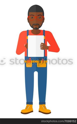 Confident african-american builder making some notes in his tablet vector flat design illustration isolated on white background.. Confident builder with tablet.