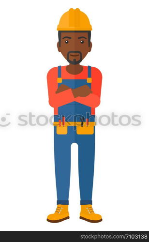 Confident african-american constructor standing with arms crossed vector flat design illustration isolated on white background. . Friendly builder with arms crossed.