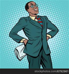 Confident African businessman pop art retro illustration. African American people. Confident African businessman