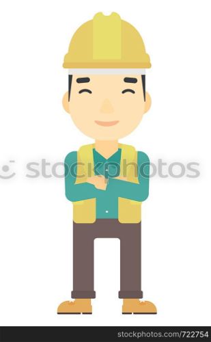 Confident asian constructor standing with arms crossed vector flat design illustration isolated on white background. Vertical layout.. Friendly builder with arms crossed.