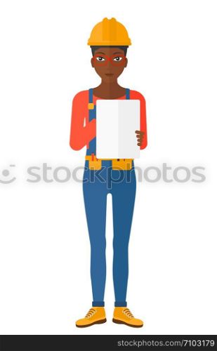 Confident builder making some notes in his tablet vector flat design illustration isolated on white background. . Confident builder with tablet.