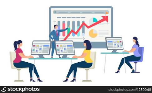 Confident Business Coach Character Making Presentation Pointing Monitor with Growing Arrow for Young Women Sitting on Chair at Desk with Computer. Business Analysis Cartoon Flat Vector Illustration. Business Coach Character Making Presentation