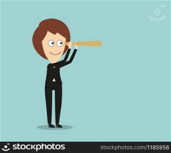 Confident business woman looking for ways to achieve goal through a vintage spyglass. Cartoon flat style. Business woman with a vintage spyglass