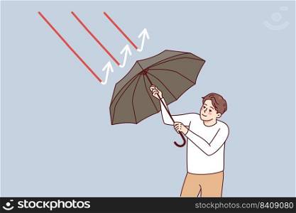 Confident businessman holding umbrella protect from red arrows. Business man recover from economic recession and crisis. Flat vector illustration.. Businessman protect from economic recession