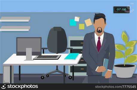 Confident businessman in office outfit. Avatar man in dark suit and tie isolated on white standing with his arms crossed. Serious business person vector male character, chief in half height icon. Confident businessman in office outfit. Man in dark suit and tie standing with his arms crossed