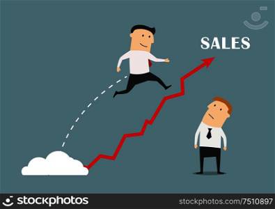 Confident businessman jumping up to success over a growing sales. Business concept for jump to success or growth
