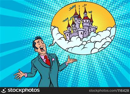 Confident businessman offers a fabulous castle in the sky. Comic book cartoon pop art retro illustration. Confident businessman offers a fabulous castle in the sky