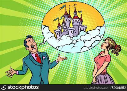 Confident businessman offers a woman fabulous castle in the sky. Comic book cartoon pop art retro illustration. Confident businessman offers a woman fabulous castle in the sky
