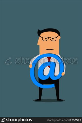 Confident businessman standing with e-mail symbol in hands, for communication or technology concept design. Cartoon flat style. Businessman with e-mail symbol in hands
