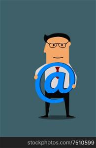 Confident businessman standing with e-mail symbol in hands, for communication or technology concept design. Cartoon flat style. Businessman with e-mail symbol in hands