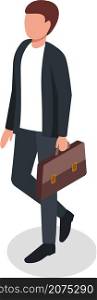 Confident businessman with briefcase walking to work. Illustration of manager person in suit, male vector worker, confident and professional young person. Confident businessman with briefcase walking to work