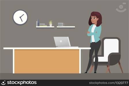 Confident Businesswoman Standing at Workplace. Female Office Clerk Character Stand with Folding Arm Working at Laptop on Desk. Office Interior Design. Flat Cartoon Vector Illustration. Confident Businesswoman Standing at Workplace